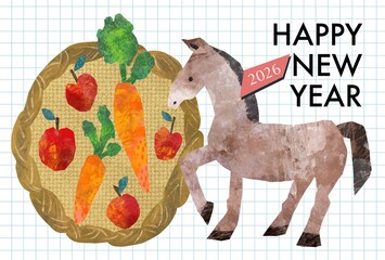 馬とリンゴとニンジンの切り絵風イラストのおしゃれな年賀状テンプレート　2026年