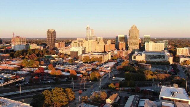 Golden Hour Aerial Drone Clips of the Downtown Raleigh North Carolina Skyline With Peak Fall Foliage: Travel, Architecture, Cityscape, Landscapes