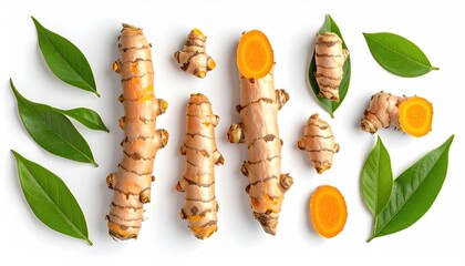 Fresh Turmeric Roots and Green Leaves Arranged Artistically on a Clean White Background Illuminated by Soft Natural Light