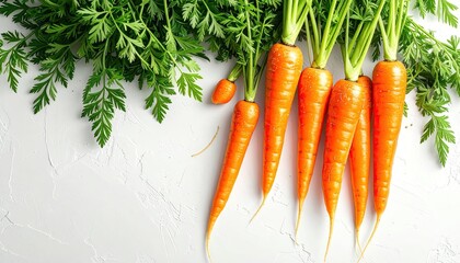 Fresh Orange Carrots with Green Stems and Leaves Displayed on a White Textured Surface with Small Speckles