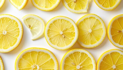 Fresh Yellow Lemon Slices Patterned Arrangement Overhead Shot Studio Lighting Vibrant Healthy Food Close Up Detail