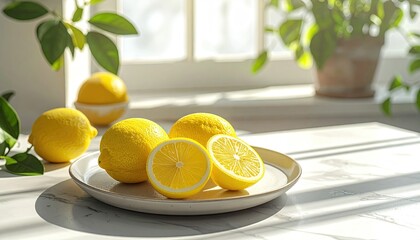 Fresh Yellow Lemons Whole and Sliced on a White Plate with Green Leaves and Sunlight Streaming Through a Window Providing a Bright and Natural Ambiance