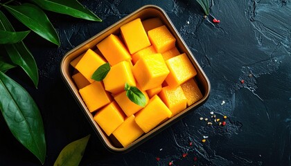 Freshly Cut Golden Mango Cubes Artfully Arranged in a Square Golden Bowl with Mint Leaves Sprinkled on a Dark Textured Surface with Green Foliage Accents