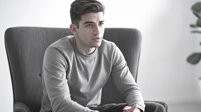 Man in gray shirt sitting on a chair talking in a room.