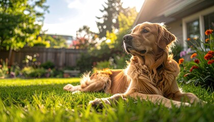 Golden Retriever Dog Lying on Lush Green Grass in a Backyard Garden During Golden Hour Sunlight with Soft Bokeh Background