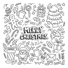 Christmas items set in outline doodle style. Suitable for for postcards, banners, web design, scrapbooking and other holiday design