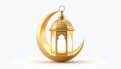 A beautiful golden crescent moon with an ornate Islamic lantern hanging from its tip, symbolizing Ramadan and Islamic culture.