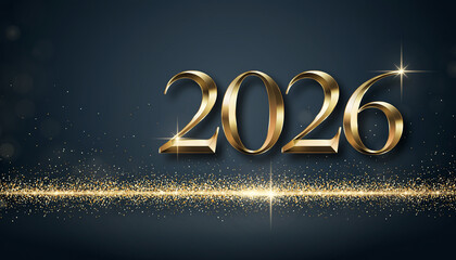 A stunning golden metallic display of the year 2026, elegantly shimmering on a dark, sophisticated backdrop, illuminated by sparkling dust for festive occasions and future projections