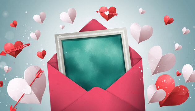 Romantic love letter concept with a pink envelope, a blank card for your message, and floating paper hearts for Valentine's Day celebration