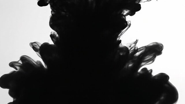Black ink drop falling into water creating dark cloud underwater in liquid and swirling motion for artistic and abstract background in slow motion