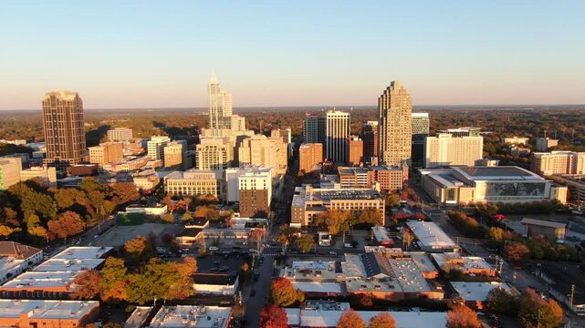 Golden Hour Aerial Drone Clips of the Downtown Raleigh North Carolina Skyline With Peak Fall Foliage: Travel, Architecture, Cityscape, Landscapes