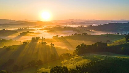 Golden Sunrise Over Rolling Hills Bathed in Morning Mist and Sunbeams Illuminated Landscape