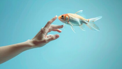 Human Hand Reaching Towards a Goldfish Underwater in Clear Blue Water with Soft Lighting