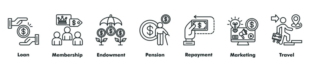 Finance and business icon set vector consist of loan, membership, endowment, pension, repayment, marketing, and travel.