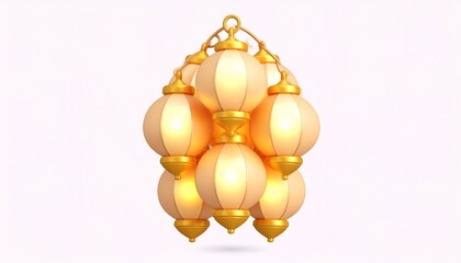 A cluster of glowing golden Ramadan lanterns arranged in a decorative pyramid shape against a white background.