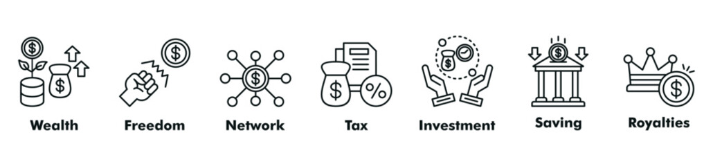 Finance investment icon set vector consist of wealth, freedom, network, tax, investment, saving, and royalties.