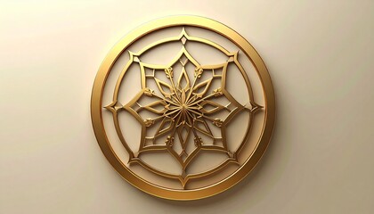 A golden circular emblem with intricate geometric patterns resembling a stylized flower or snowflake.