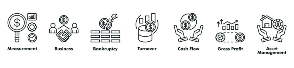 Finance accounting icon set vector consist of measurement, business, bankruptcy, turnover, cash flow, gross profit, and asset management.