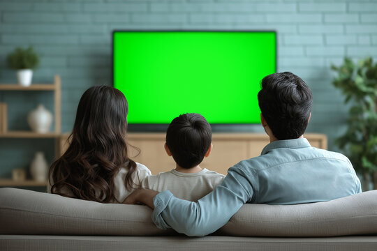 A family of three, seen from behind, watching a TV with a green screen in a cozy, bright, plant-filled living room. Symbolizes domestic life, relaxation, media consumption, and the blank slate of digi