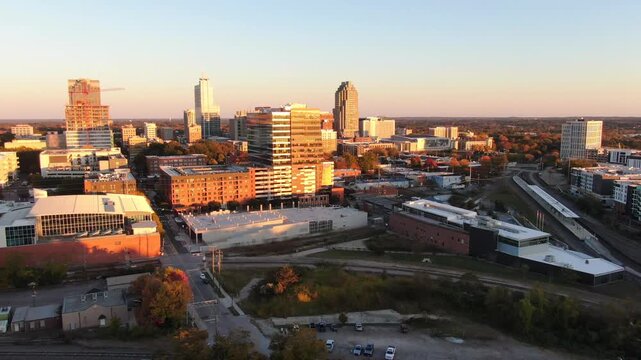 Golden Hour Aerial Drone Clips of the Downtown Raleigh North Carolina Skyline With Peak Fall Foliage: Travel, Architecture, Cityscape, Landscapes