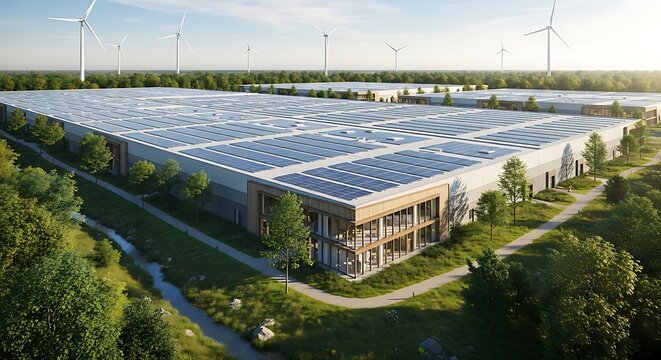Modern warehouse with extensive rooftop solar panels and wind turbines
