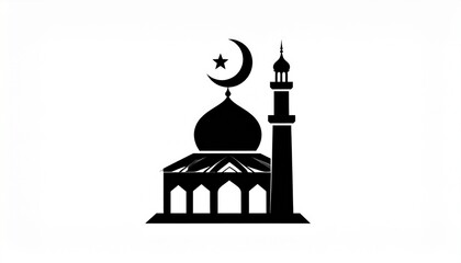 A black silhouette of a mosque with a dome and minaret, featuring a crescent moon and star on top, set against a white background.