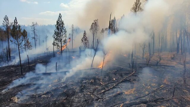 Verbrannter Wald nach Feuer &ndash; Rauch und Asche in zerst&ouml;rter Landschaft