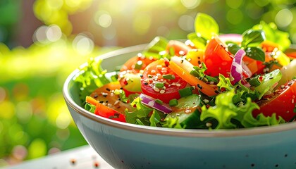 Fresh Garden Salad with Ripe Tomatoes and Crisp Lettuce in a Blue Bowl Bathed in Warm Sunlight with Soft Green Bokeh Background