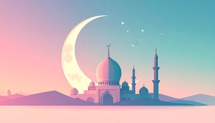 A serene Islamic mosque with a crescent moon and stars in a pastel-colored sky.