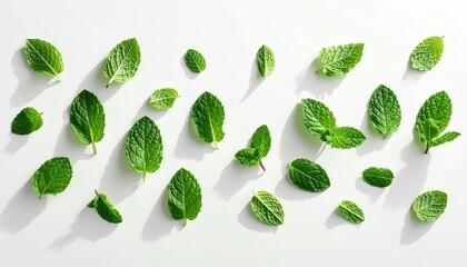 Fresh Mint Leaves With Water Droplets Arranged In A Pattern On A White Background Studio Lighting