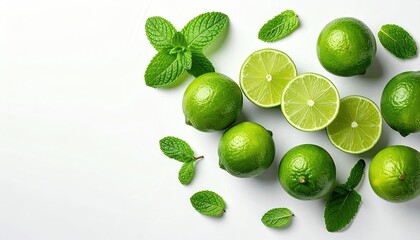 Fresh Green Limes and Mint Leaves Scattered on a White Studio Backdrop with Soft Natural Lighting