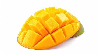 Fresh Ripe Mango Cubed and Sliced Showing Juicy Golden Flesh and Green Stem Isolated on a Clean White Background with Subtle Lighting