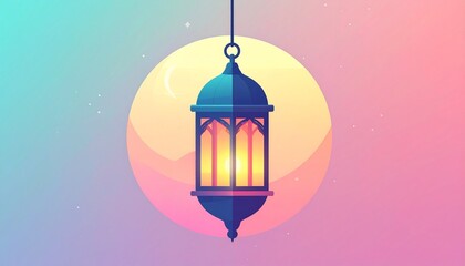 A beautiful Islamic lantern with glowing light hangs against a soft gradient background with a crescent moon.