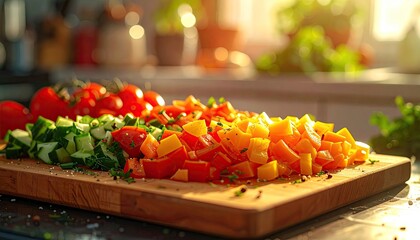 Freshly Chopped Vegetables Including Tomatoes Cucumbers And Bell Peppers On A Wooden Cutting Board With Natural Sunlight Streaming In A Kitchen Setting