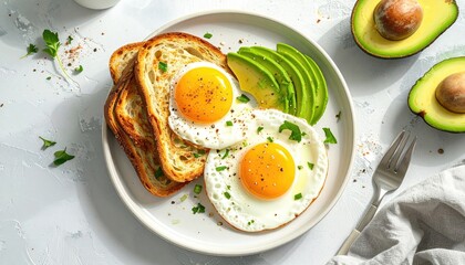 Freshly Cooked Sunny Side Up Eggs Served With Sliced Avocado and Toasted Bread Garnished With Parsley On A White Plate With Natural Morning Light