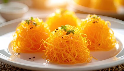 Delicate golden threads of Fios de Ovos dessert piled high on a white plate with a bright natural light casting a warm glow on the intricate sweet pastry topped with dark sesame seeds and green herbs.