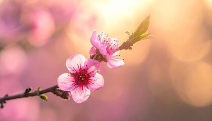 Delicate Pink Peach Blossoms Illuminated by Golden Sunset Light with Soft Bokeh Background in Spring