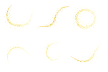 Collection of glowing golden light trails and sparkling dust elements isolated on transparent background