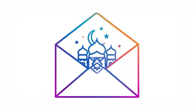 An open envelope with a colorful gradient outline, revealing a stylized mosque with a crescent moon and stars inside.