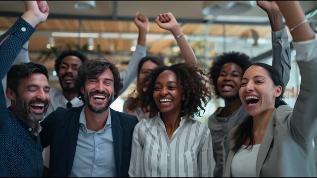 Energetic Multi-Ethnic Business Team Cheering and Raising Fists in Celebration of Teamwork and Achievement