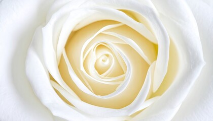 Close up macro shot of a delicate white rose flower showing intricate petal details and soft lighting in a symmetrical spiral pattern creating a tranquil and elegant mood