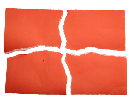 red-orange paper torn into four pieces with rough edges, isolated on a transparent background.