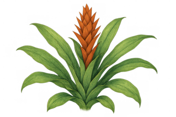 Tropical bromeliad plant watercolor illustration with orange flower spike and green leaves, transparent background