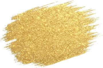 Golden glitter paint brush stroke texture with sparkling particles isolated on transparent background