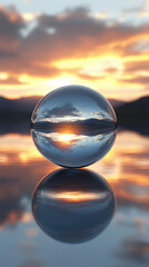 A floating sphere casts a soft gradient reflection symbolizing harmony balance and the unity of light and form in a serene minimalistic space representing calm energy and infinite potential