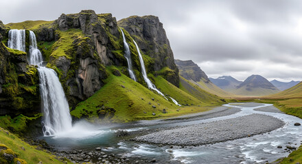 Scenic Iceland Waterfalls Flowing into River with Green Mossy Hills