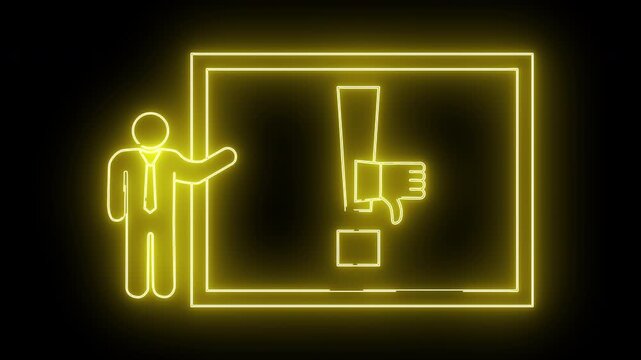 Glowing yellow neon drawing presentation with dislike sign person Black background