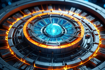 Futuristic reactor core with glowing ring, sci fi energy device detail, circular machinery, carbon cycle concept, molecular symmetry
