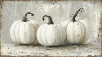 Three White Pumpkins on Rustic Background