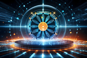 Futuristic atom model glowing core carbon cycle molecular energy orbit science fiction neon sphere quantum design symmetry on dark background